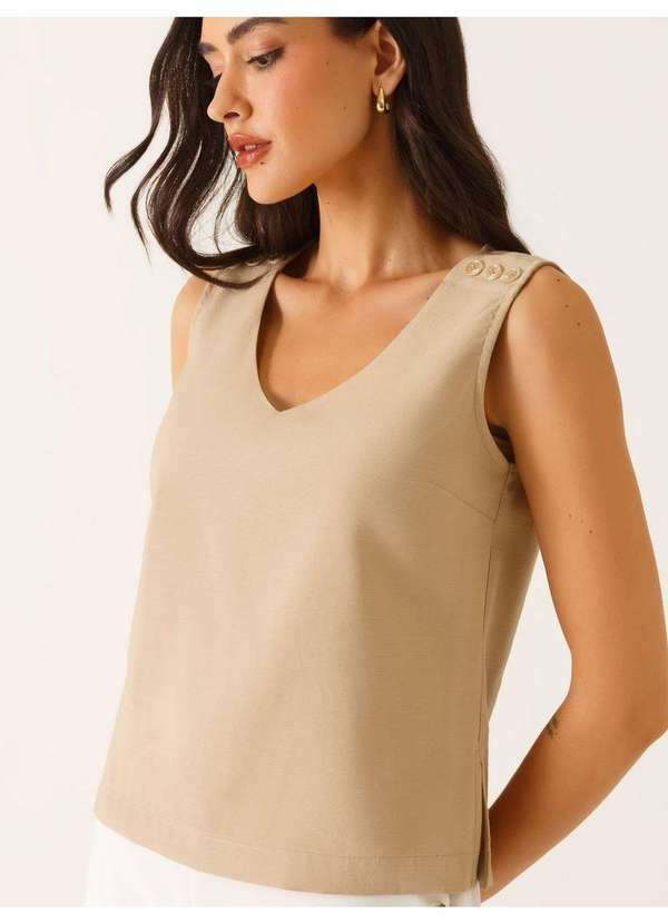 Principessa - Blusa sem Manga Decote V em Viscose Amêndoa Hanya