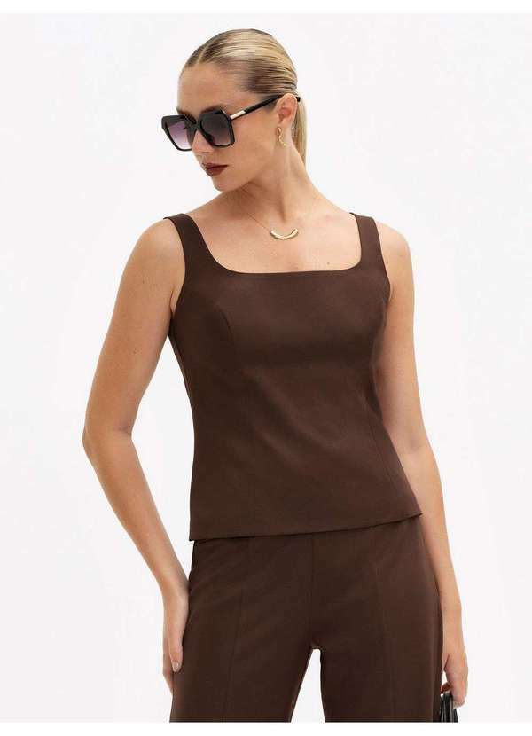 Principessa - Blusa sem Manga em Alfaiataria Marrom Bárbara