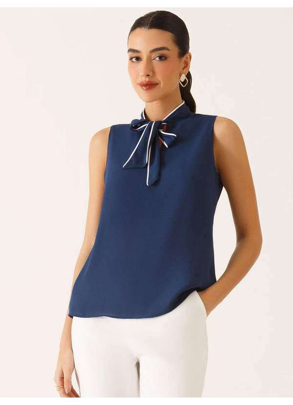 Principessa - Blusa sem Mangas Gola Alta em Crepe Marinho Lourdes