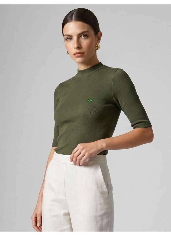 Principessa - Blusa Canelada Gola Alta Verde com Bordado Militar Salma