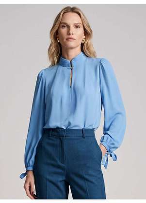 Principessa - Blusa com Gola Estruturada e Punho Laço Azul Claro Cauane - PRINCIPESSA