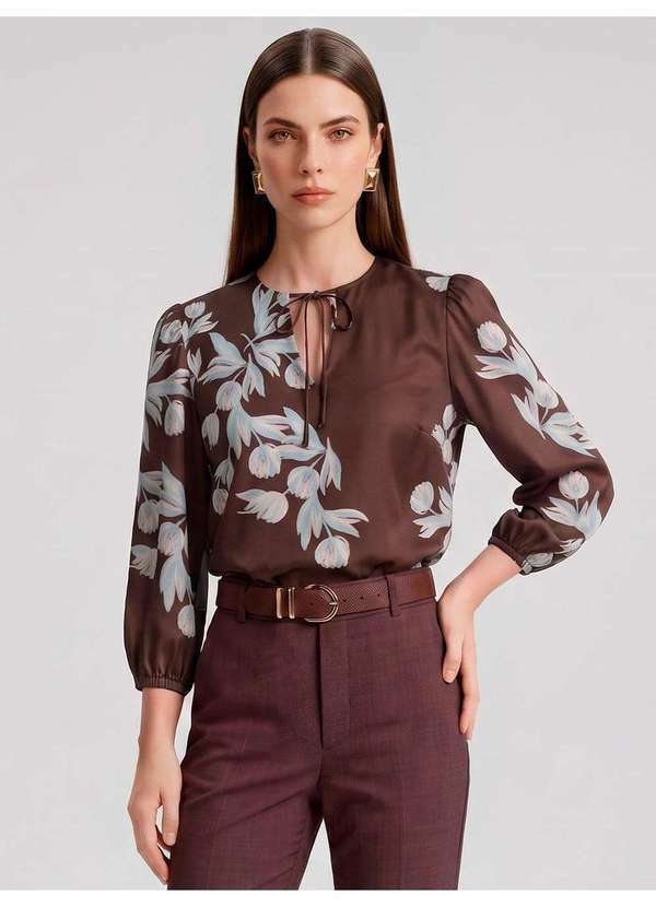 Principessa - Blusa Manga 7/8 em Crepe Estampado Floral Adelaine