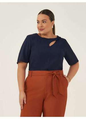 Principessa - Blusa Manga Curta com Gota e Botão Plus Size Marinho Antonela - PRINCIPESSA