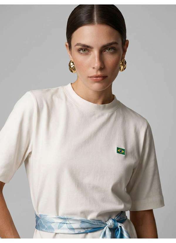 Principessa - Blusa Manga Curta em Algodão com Bordado Off White Alexandra
