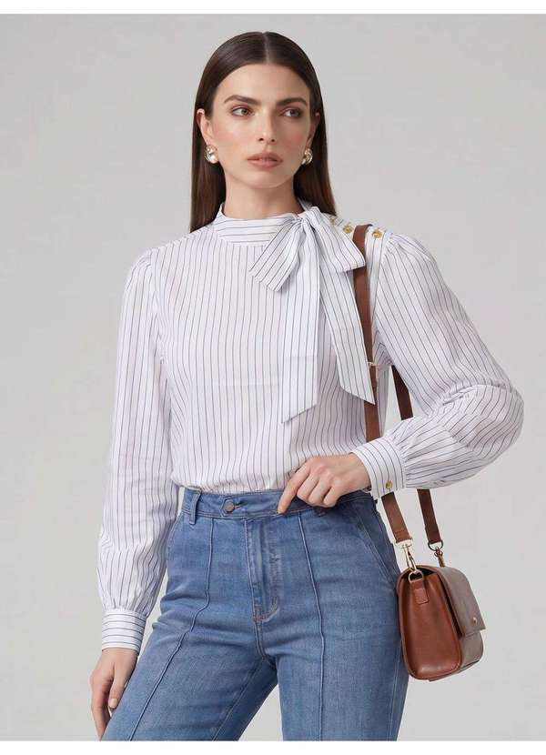 Principessa - Blusa Manga Longa em Algodão Listrado Off White Vandy