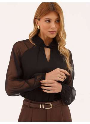 Principessa - Blusa Manga Longa em Crepe Preto Coralise - PRINCIPESSA