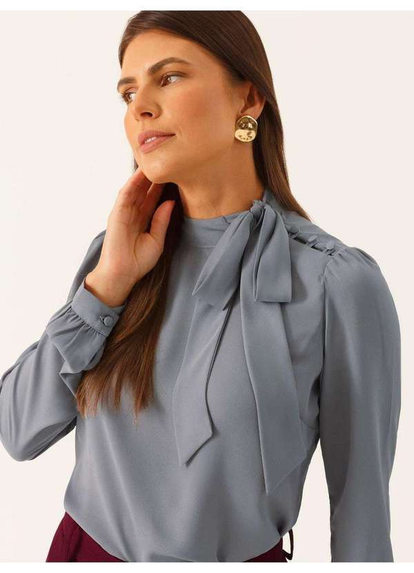 Principessa - Blusa Manga Longa Gola Laço Cinza Tamires