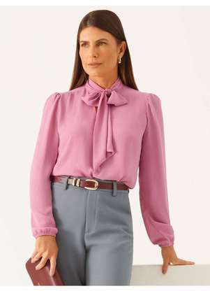 Principessa - Blusa Manga Longa Gola Laço em Crepe Rosa Elizabeth - PRINCIPESSA