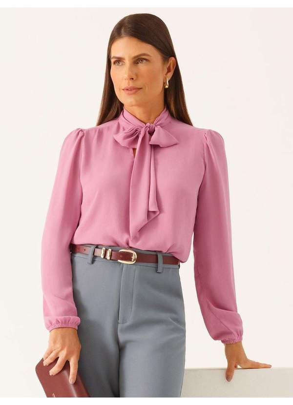 Principessa - Blusa Manga Longa Gola Laço em Crepe Rosa Elizabeth 2