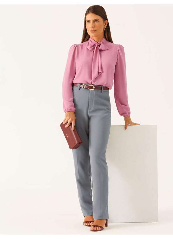Principessa - Blusa Manga Longa Gola Laço em Crepe Rosa Elizabeth 3