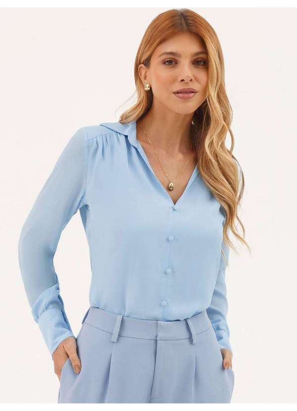 Principessa - Blusa Manga Longa Regular em Crepe Azul Claro Eliziane 2