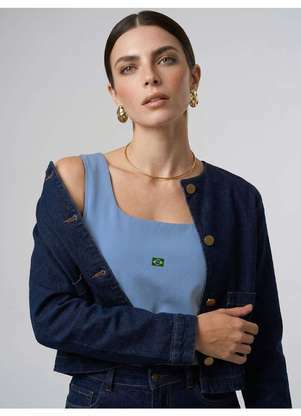 Principessa - Blusa Regata com Decote Quadrado e Bordado Minimalista Azul Mary - PRINCIPESSA