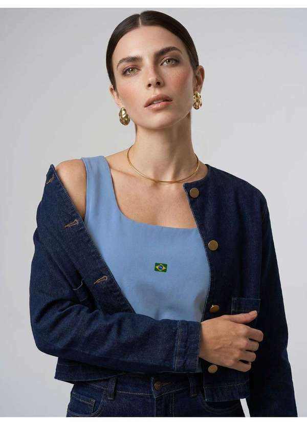 Principessa - Blusa Regata com Decote Quadrado e Bordado Minimalista Azul Mary