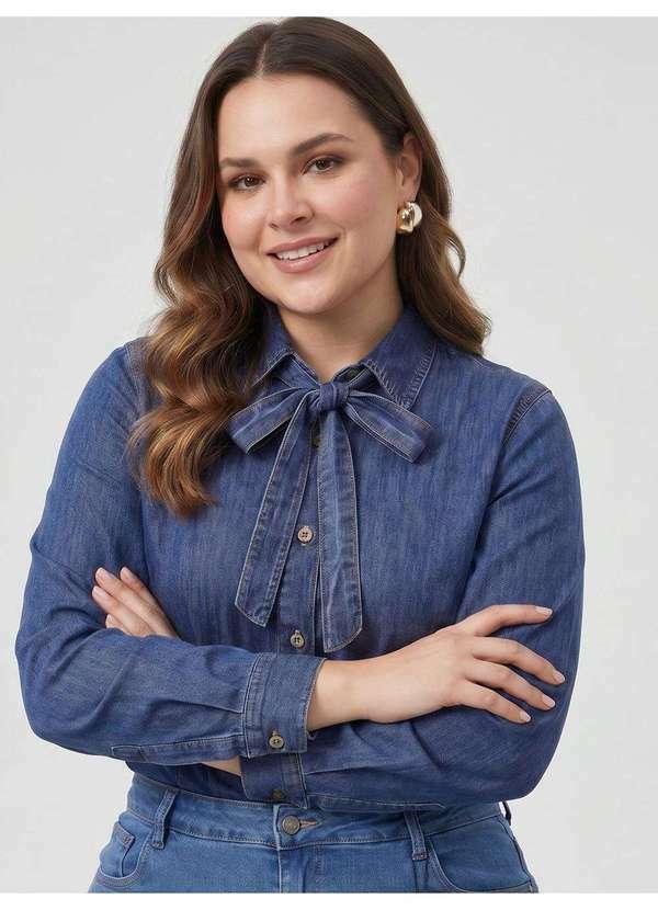 Principessa - Camisa Manga Longa Jeans Plus Size Marmorizado Médio Anira