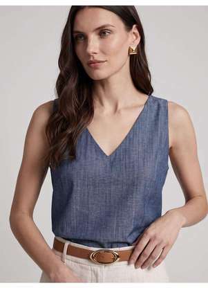 Principessa - Regata Feminina Decote V Jeans Azul Médio Irene - PRINCIPESSA