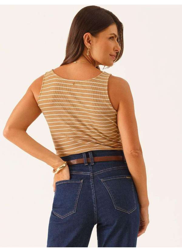 Principessa - Regata Malha Canelada em Viscose Camel X Branco Maira 4