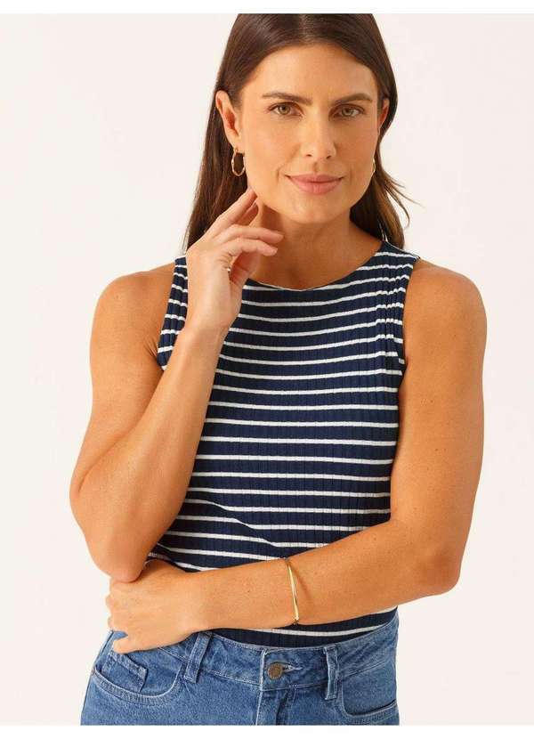Principessa - Regata Malha Canelada em Viscose Marinho X Branco Eloisa