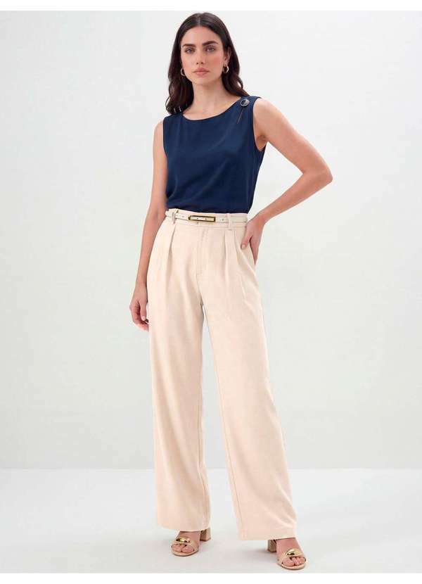 Principessa - Calça Pantalona de Alfaiataria Creponada Aveia Glicia