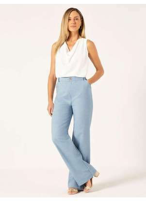 Principessa - Calça Wide Leg em Oxford de Algodão Azul Claro Jordane - PRINCIPESSA