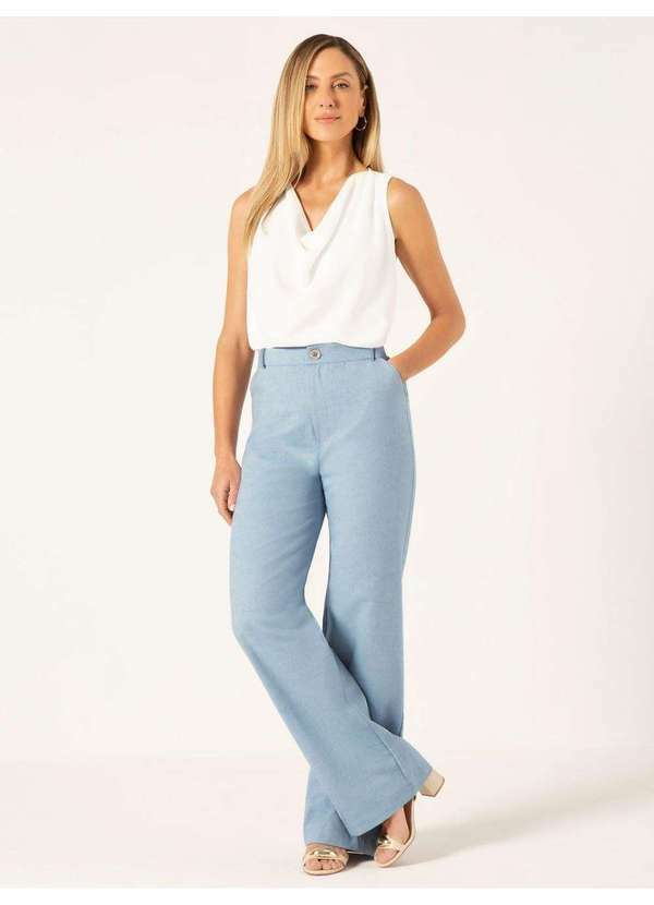 Principessa - Calça Wide Leg em Oxford de Algodão Azul Claro Jordane
