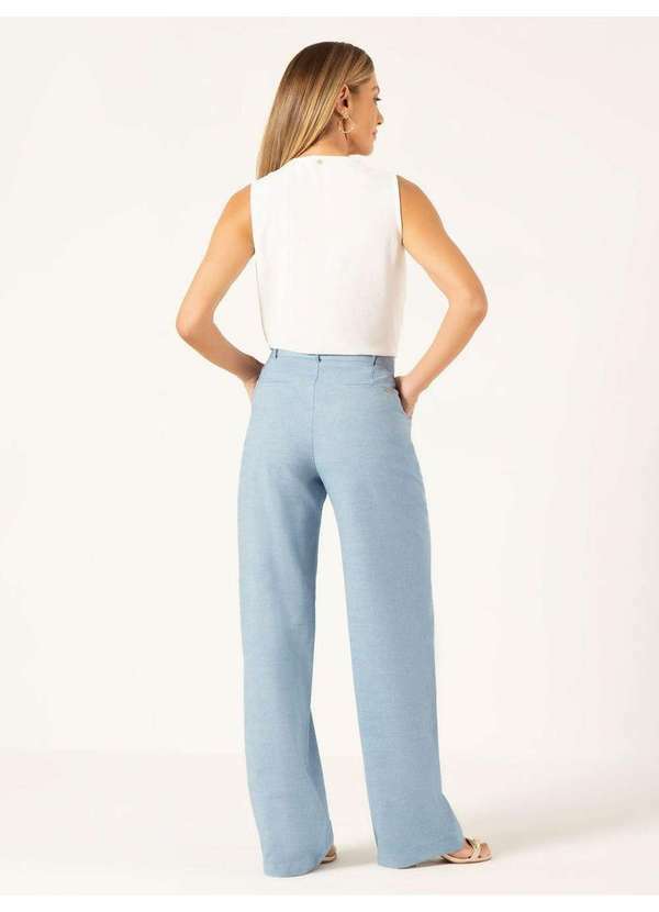 Principessa - Calça Wide Leg em Oxford de Algodão Azul Claro Jordane