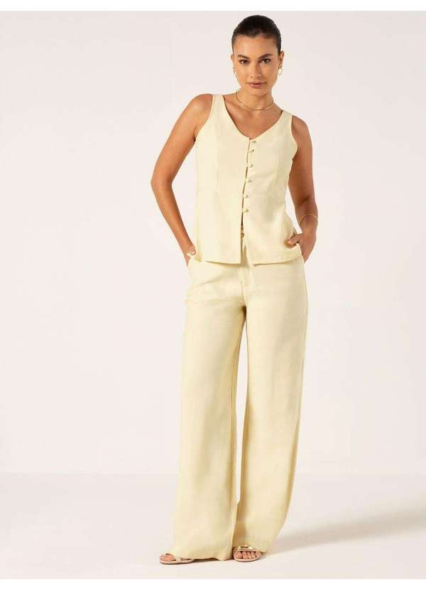 Principessa - Calça Wide Leg em Viscose Amarelo Manteiga Jade
