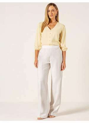 Principessa - Calça Wide Leg em Viscose Fluid com Linho Off White Julienne - PRINCIPESSA