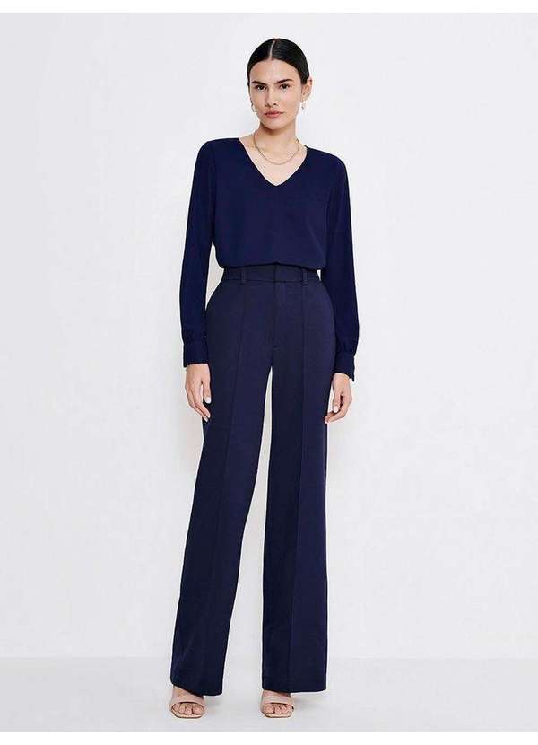 Principessa - Calça Wide Leg de Alfaiataria com Nervura Marinho Cleonice