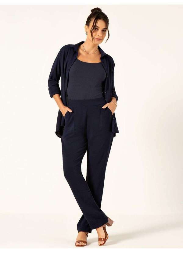 Principessa - Calça Reta Regular em Air Flow Marinho Isis