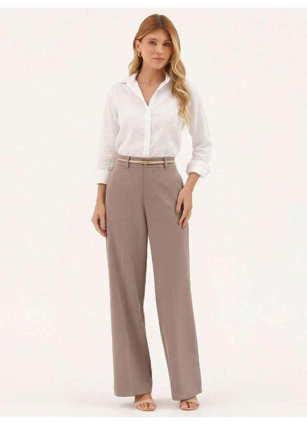 Principessa - Calça Wide Leg de Alfaiataria em Viscose Mocha Mousse Angelica