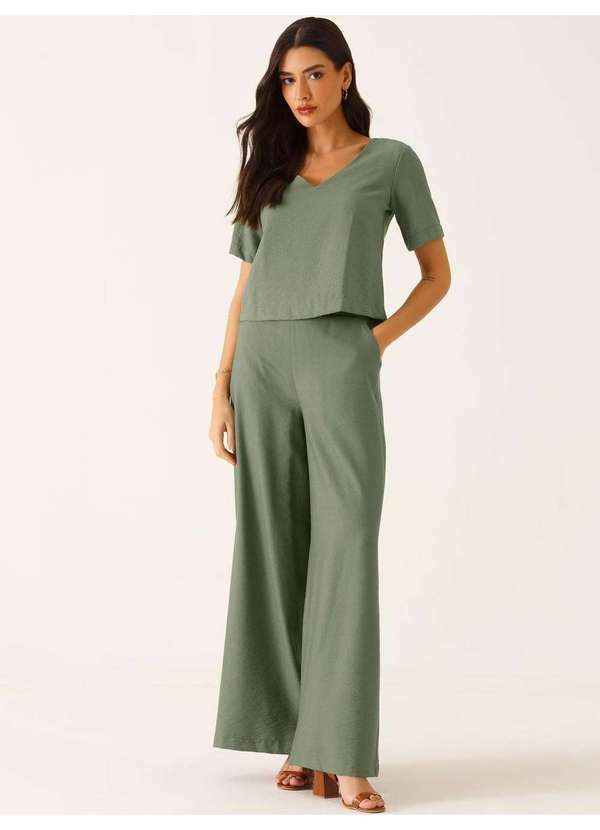 Principessa - Calça Pantalona em Viscose Verde Oliva Salete