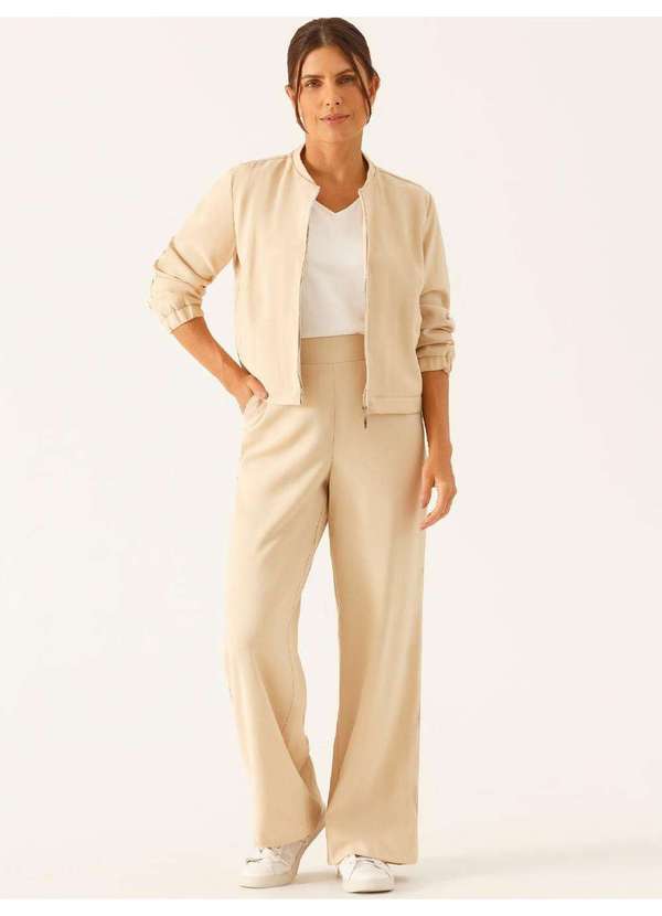 Principessa - Calça Alfaiataria Wide Leg em Viscose Aveia Vitoriana