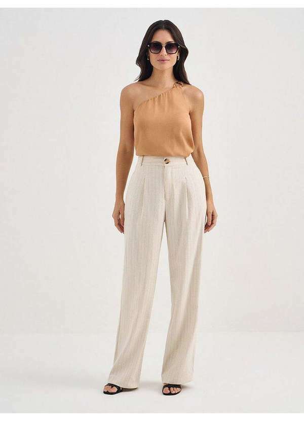 Principessa - Calça Wide Leg Risca de Giz Off White Elizandra