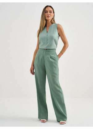 Principessa - Calça Wide Leg de Alfaiataria em Viscose Verde Sálvia Danubia - PRINCIPESSA