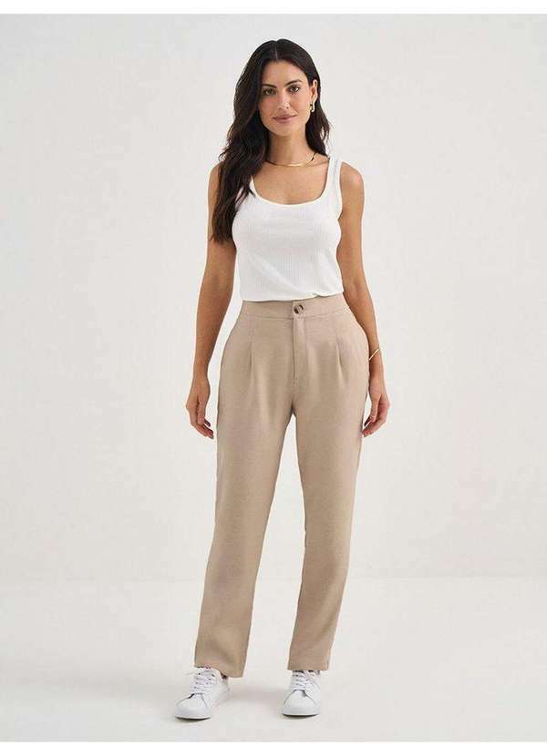 Principessa - Calça Reta Regular de Alfaiataria em Viscose Mocha Mousse Dalmira