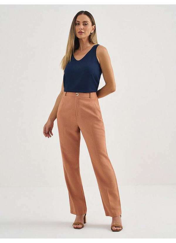 Principessa - Calça Reta Regular de Alfaiataria Camel Cleide
