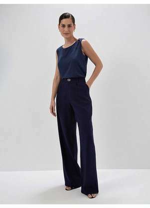 Principessa - Calça Wide Leg de Alfaiataria em Viscose Marinho Giuly - PRINCIPESSA