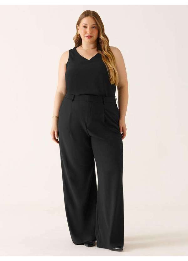 Principessa - Calça Wide Leg de Alfaiataria Plus Size Preta Evelyn