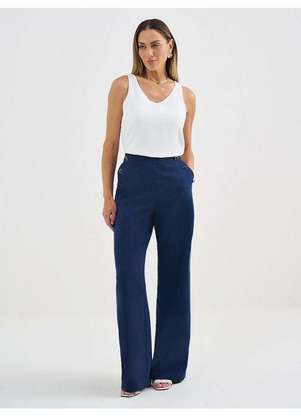 Principessa - Calça Wide Leg de Linho com Botões de Resina Marinho Erleia - PRINCIPESSA