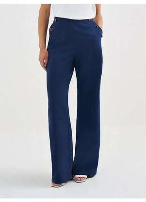 Principessa - Calça Wide Leg de Linho com Botões de Resina Marinho Erleia - PRINCIPESSA