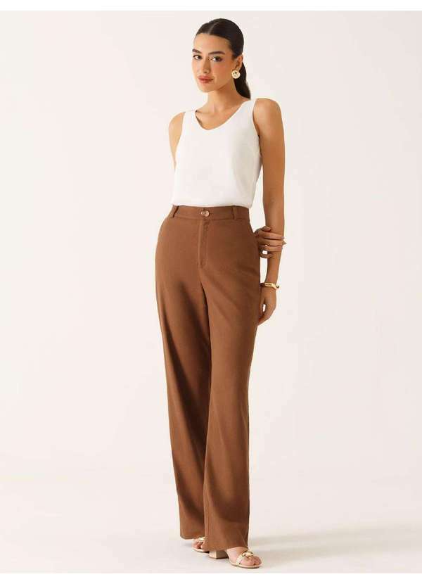 Principessa - Calça Wide Leg de Linho Marrom Naiane