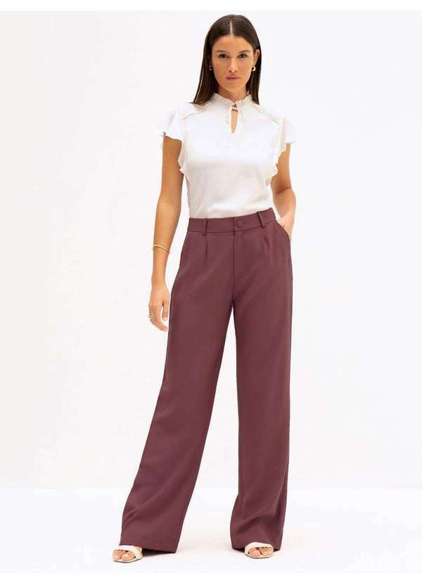 Principessa - Calça Wide Leg de Alfaiataria em Viscose Marsala Bianca