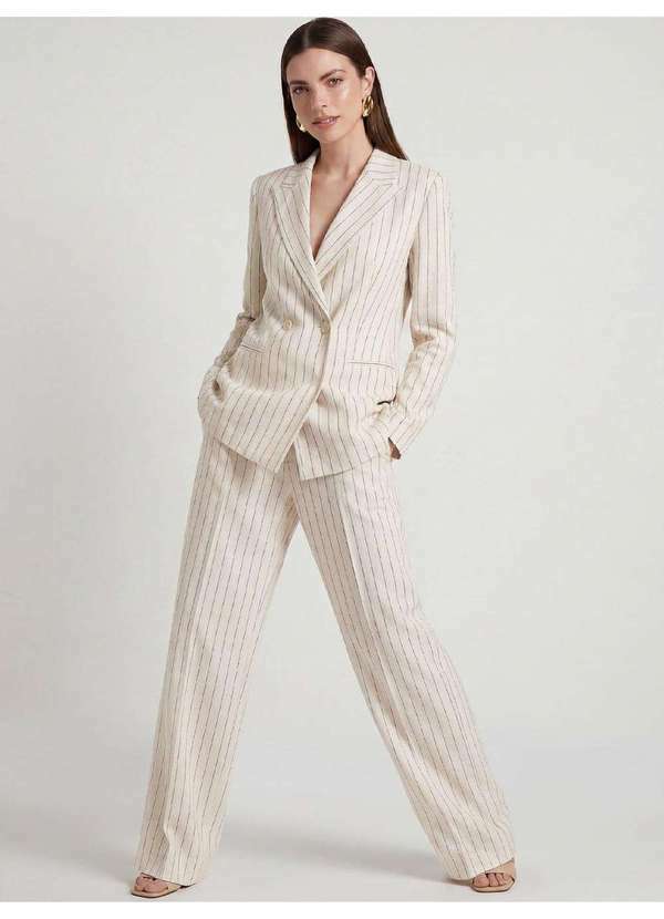 Principessa - Calça Alfaiataria Wide Leg Listrado Off White Lin