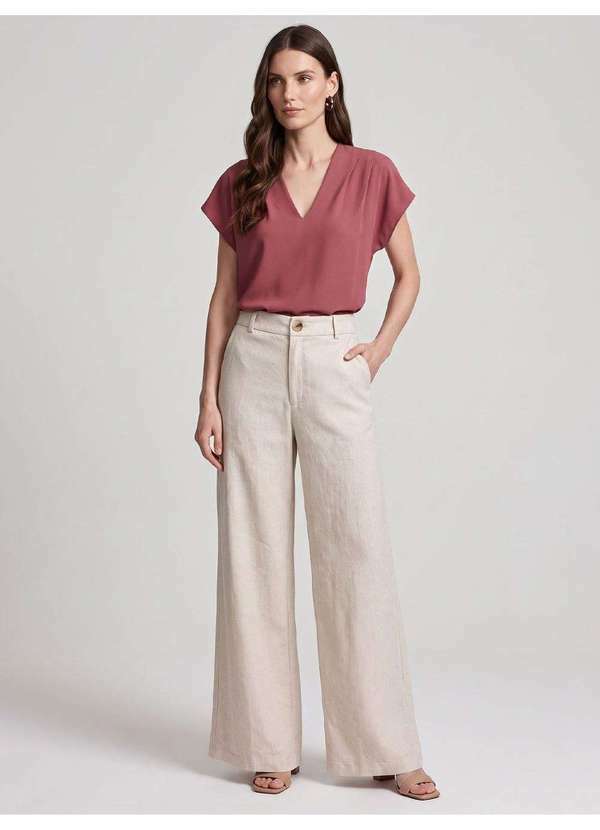 Principessa - Calça Pantalona com Bolsos em Linho Natural Iselle