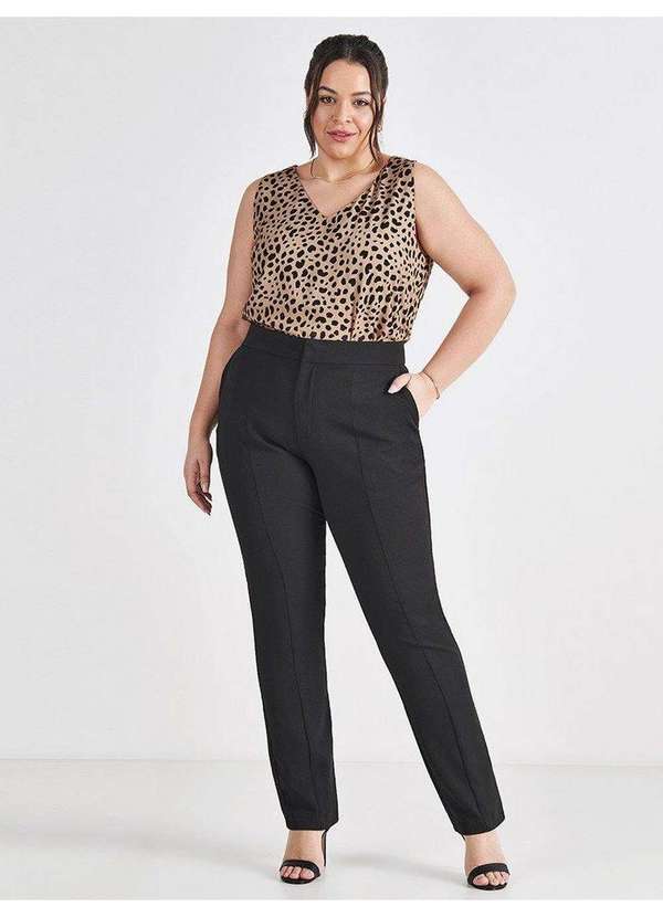 Principessa - Calça Reta Slim de Alfaiataria Plus Size Preta Emiliana