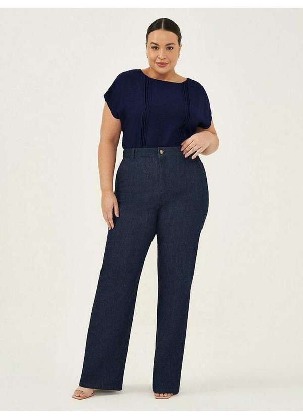 Principessa - Calça Wide Leg Jeans Plus Size Azul Escuro Shauany