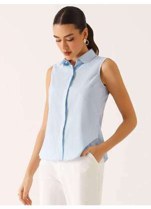 Principessa - Camisa sem Mangas em Tricoline Listrado Azul Claro Tônia - PRINCIPESSA