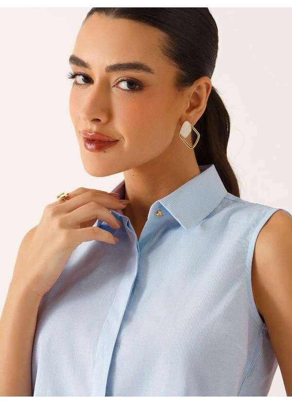 Principessa - Camisa sem Mangas em Tricoline Listrado Azul Claro Tônia