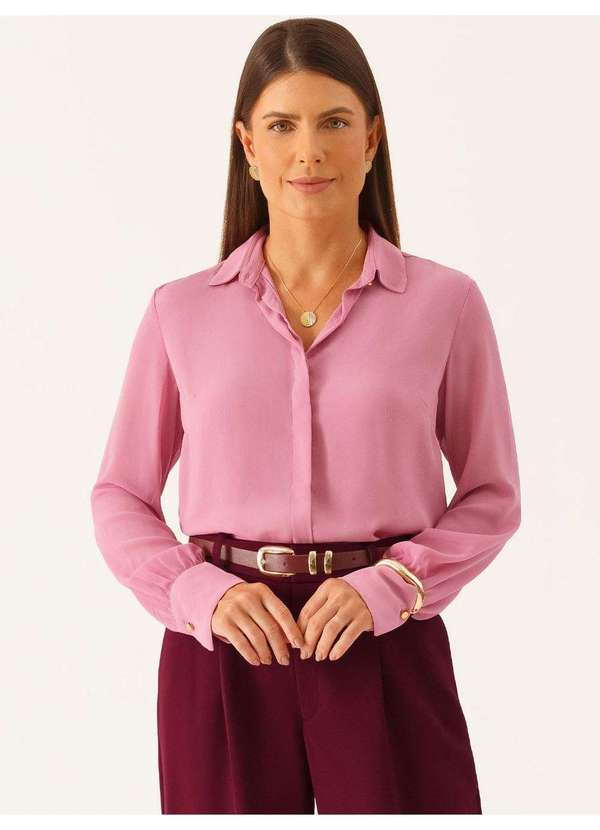 Principessa - Camisa com Mangas Longa Regular em Crepe Rosa Ines 2
