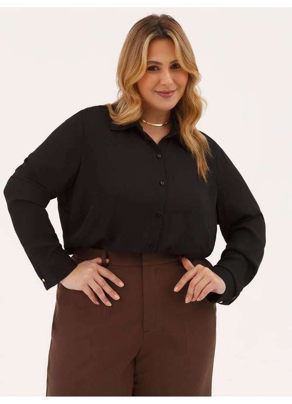 Principessa - Camisa Manga Longa Comfy em Crepe Plus Size Preto Emanuela